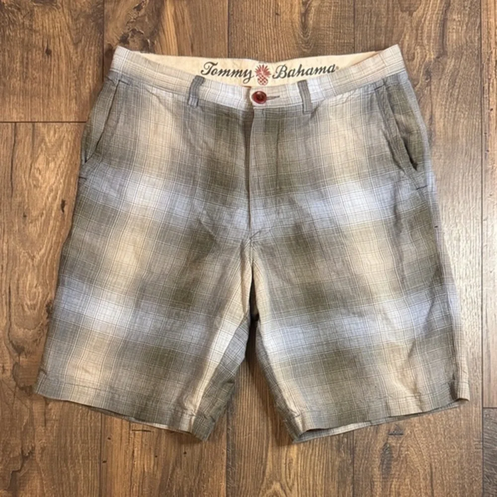 Tommy Bahama Men's Silk/Linen Plaid Shorts - Olive,Grey and Beige